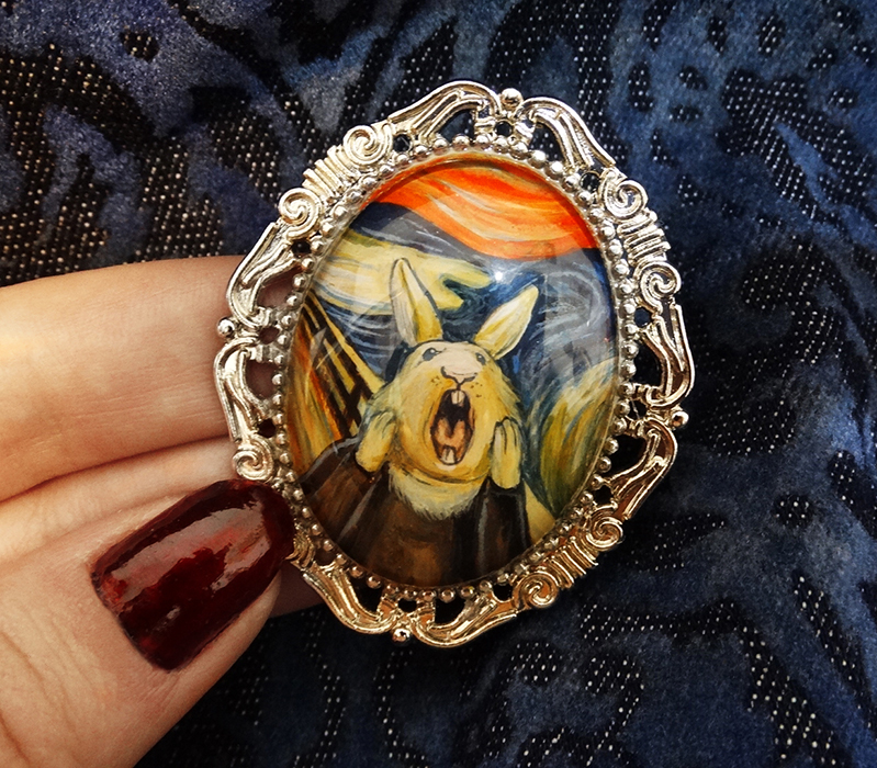 Bunny scream after Munch hand painted miniature brooch by Drakula Approved