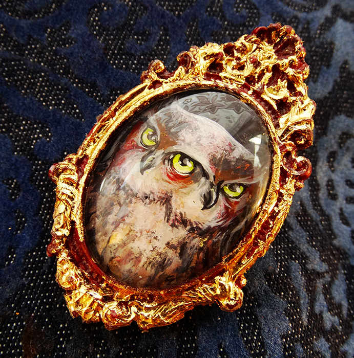 Conjoined owls hand painted miniature painting brooch by Drakula Approved