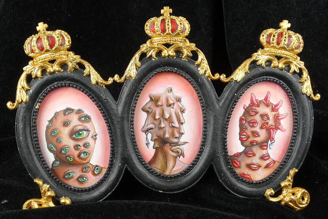 Eyes Lips Noses Triptych creepy surreal miniature painting by Drakula Approved