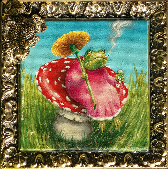 Frog smoking on Mushroom cute painting by Drakula Approved