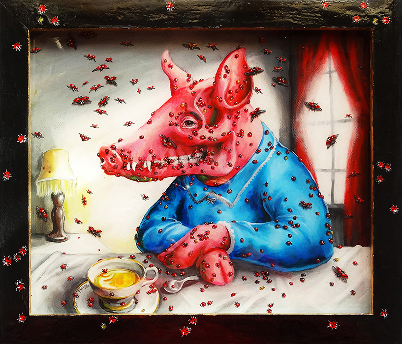 Pig with Ladybug Infestation intricate detailed surreal pop surrealism dark but cute painting by Drakula Approved