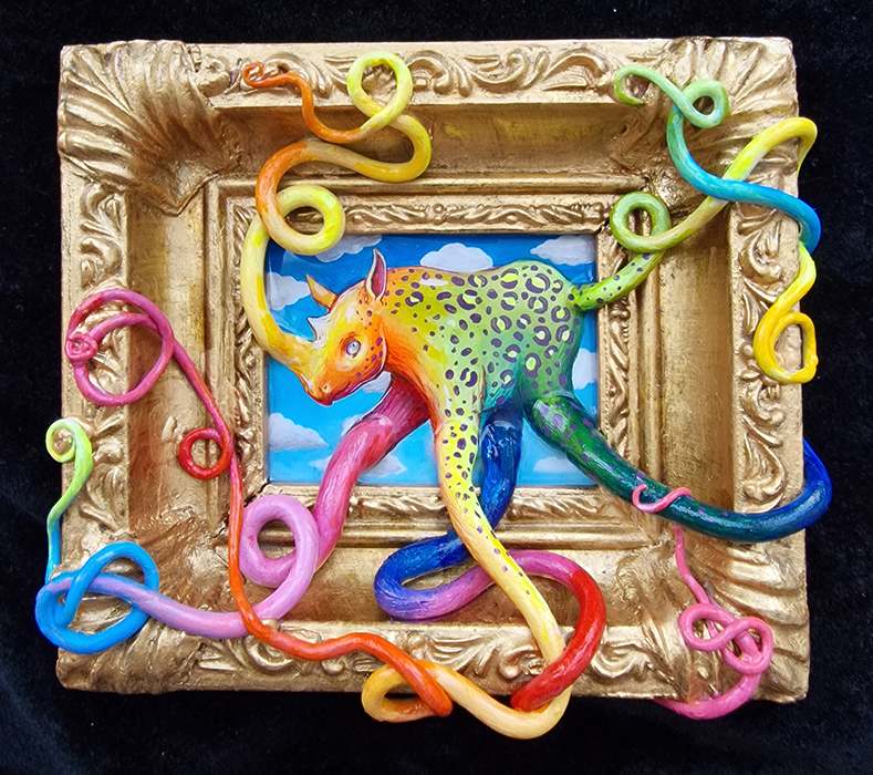 Rhynopuss cute colorful surreal rhyno with tentacles painting and sculpture by Drakula Approved