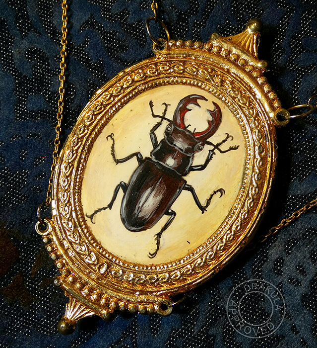 Stag beetle hand painted miniature beetle jewellery by Drakula Approved
